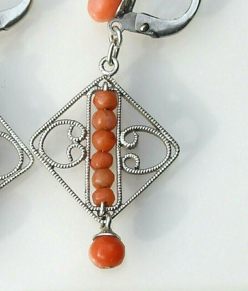 SOLD! - (ANTIQUE) Rare French Dainty Natural Sardinian Coral Victorian Sterling Silver Diamond Shaped Filigree Dangle Drop Earrings Circa 1900s Fine Jewelry
