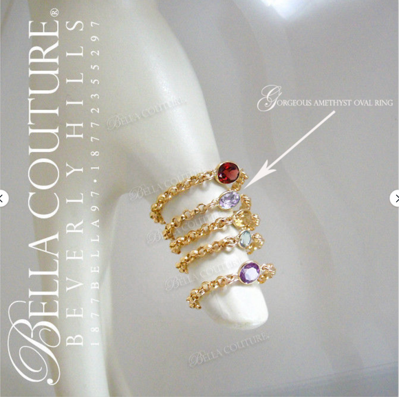 (NEW) BELLA COUTURE ® ROMANTICA OVAL AMETHYST 14K YELLOW GOLD GEMSTONE CHAIN RING
