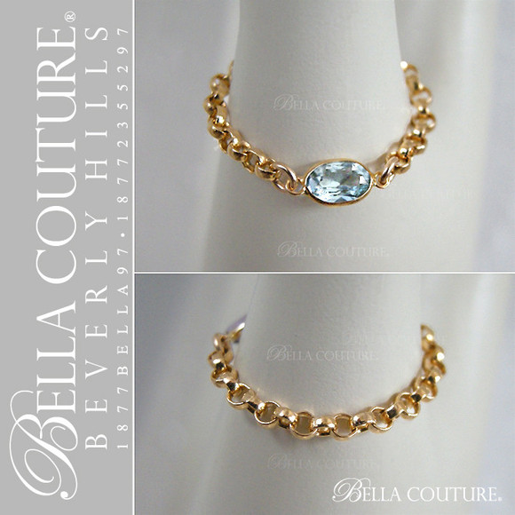 (NEW) BELLA COUTURE ® ROMANTICA OVAL AQUAMARINE 14K YELLOW GOLD GEMSTONE CHAIN RING