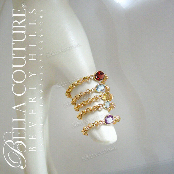 (NEW) BELLA COUTURE ® ROMANTICA OVAL WHITE TOPAZ 14K YELLOW GOLD GEMSTONE CHAIN RING