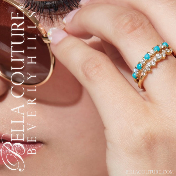 (NEW) BELLA COUTURE® ARIA 14K ROSE GOLD CABOCHON NATURAL SLEEPING BEAUTY TURQUOISE PAVE' DIAMOND RING BAND (1/8CT. TW.)