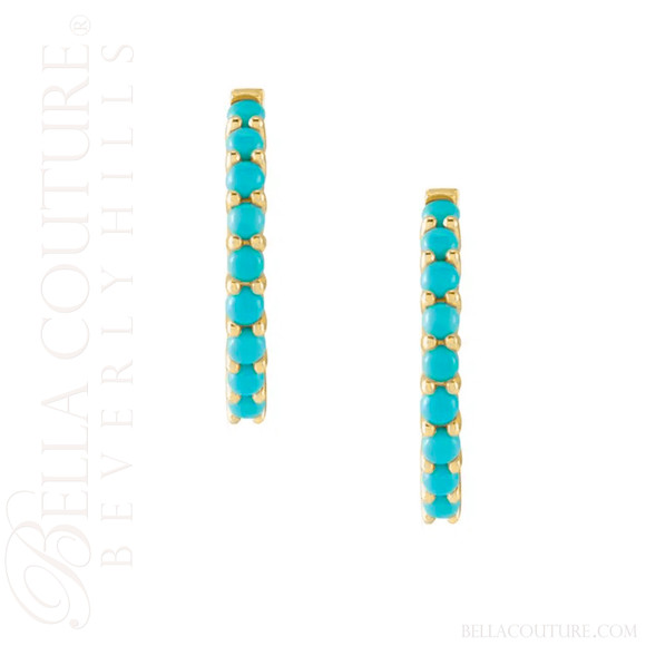 (NEW) BELLA COUTURE® 20MM JANE PAVE AAA+ NATURAL SLEEPING BEAUTY TURQUOISE 14K YELLOW GOLD HUGGIE HOOP EARRINGS