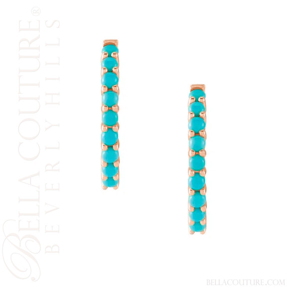 (NEW) BELLA COUTURE® 20MM JANE PAVE AAA+ NATURAL SLEEPING BEAUTY TURQUOISE 14K ROSE GOLD HUGGIE HOOP EARRINGS
