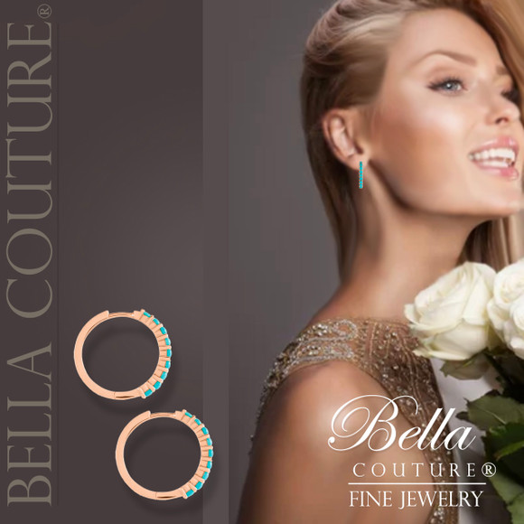 (NEW) BELLA COUTURE® 20MM JANE PAVE AAA+ NATURAL SLEEPING BEAUTY TURQUOISE 14K ROSE GOLD HUGGIE HOOP EARRINGS