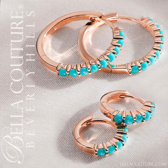 (NEW) BELLA COUTURE® 20MM JANE PAVE AAA+ NATURAL SLEEPING BEAUTY TURQUOISE 14K ROSE GOLD HUGGIE HOOP EARRINGS