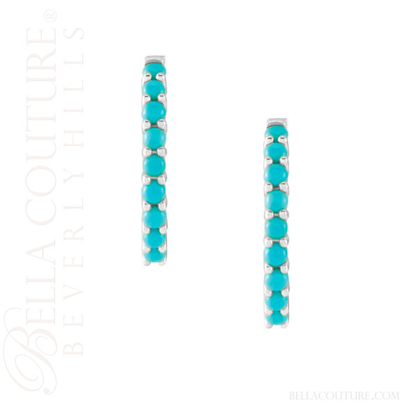 (NEW) BELLA COUTURE® 20MM JANE PAVE AAA+ NATURAL SLEEPING BEAUTY TURQUOISE 14K WHITE GOLD HUGGIE HOOP EARRINGS