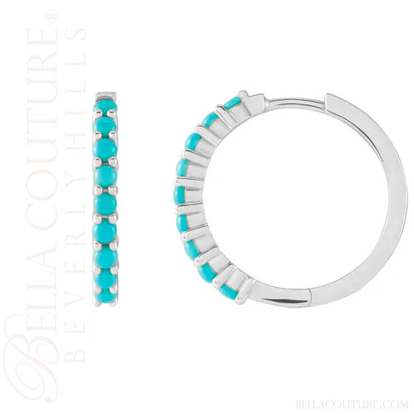 (NEW) BELLA COUTURE® 20MM JANE PAVE AAA+ NATURAL SLEEPING BEAUTY TURQUOISE 14K WHITE GOLD HUGGIE HOOP EARRINGS
