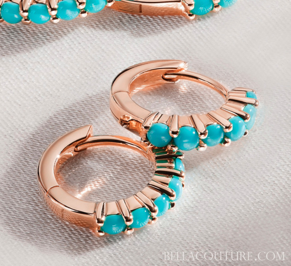 (NEW) BELLA COUTURE® 12.25MM JANE PAVE AAA+ NATURAL SLEEPING BEAUTY TURQUOISE 14K ROSE GOLD HUGGIE HOOP EARRINGS