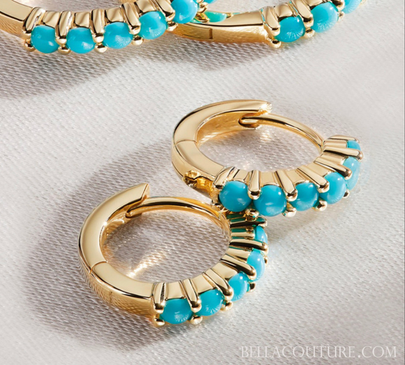 (NEW) BELLA COUTURE® 12.25MM JANE PAVE AAA+ NATURAL SLEEPING BEAUTY TURQUOISE 14K YELLOW GOLD HUGGIE HOOP EARRINGS