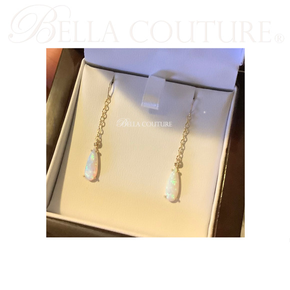 (NEW) BELLA COUTURE® 2" OPAL DREAMS Natural White Opal 14K Yellow Gold Teardrop Dangle Drop Earrings