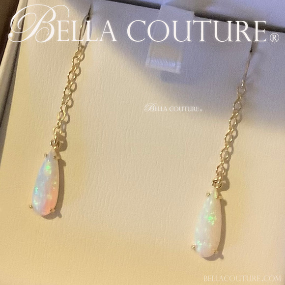 (NEW) BELLA COUTURE® 2" OPAL DREAMS Natural White Opal 14K Yellow Gold Teardrop Dangle Drop Earrings
