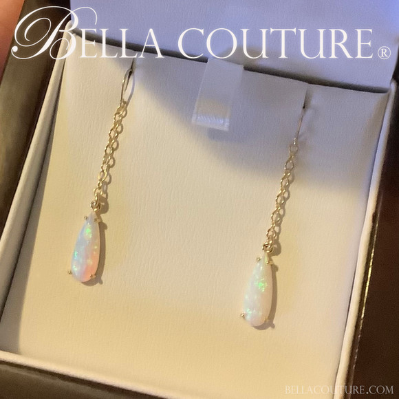 (NEW) BELLA COUTURE® 2" OPAL DREAMS Natural White Opal 14K Yellow Gold Teardrop Dangle Drop Earrings