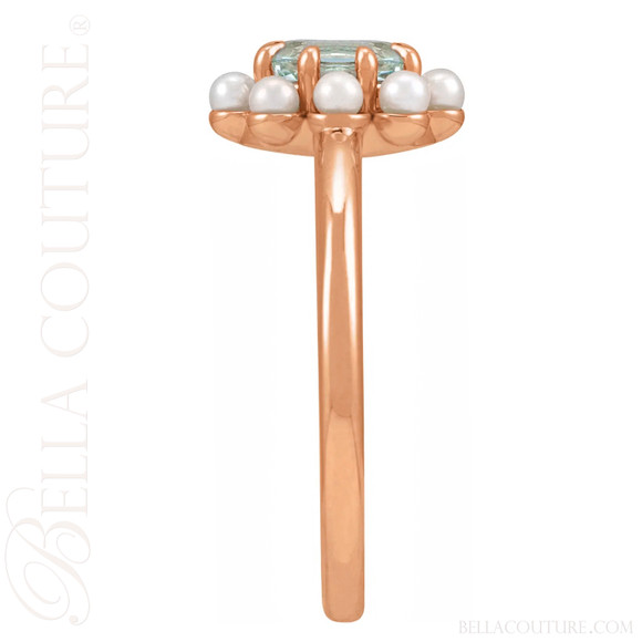 (NEW) BELLA COUTURE® ALEXANDRIA Oval Natural Aquamarine Pearl 14K Rose Gold Ring Band