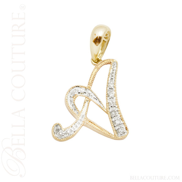 (NEW) BELLA COUTURE ® BRISTOL Initial Letter (A) Diamond 14K Yellow Gold Italic Cursive Large Alphabet Charm Pendant Jewelry (16MM x 12MM)