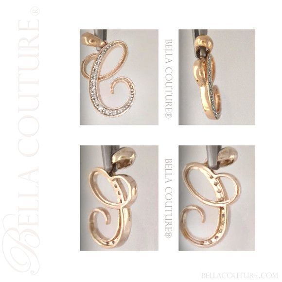 (NEW) BELLA COUTURE ® BRISTOL Initial Letter (C) Diamond 14K Yellow Gold Italic Cursive Large Alphabet Charm Pendant Jewelry (16MM x 12MM)