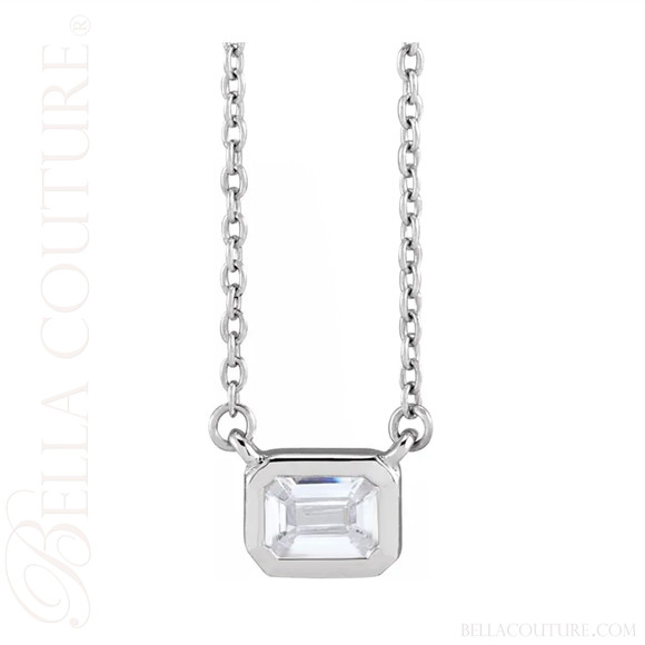 (NEW) BELLA COUTURE® CRISSA 14K White Gold Solitaire Baguette 1/2CT Diamond Link Chain Necklace (18", 16" Adjustable)