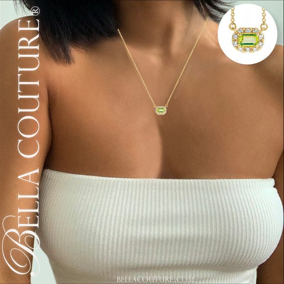 (NEW) BELLA COUTURE® BAYLIE Petite 14K Yellow Gold Solitaire Baguette 5 MM x 7 MM Peridot Link Chain Necklace (18")