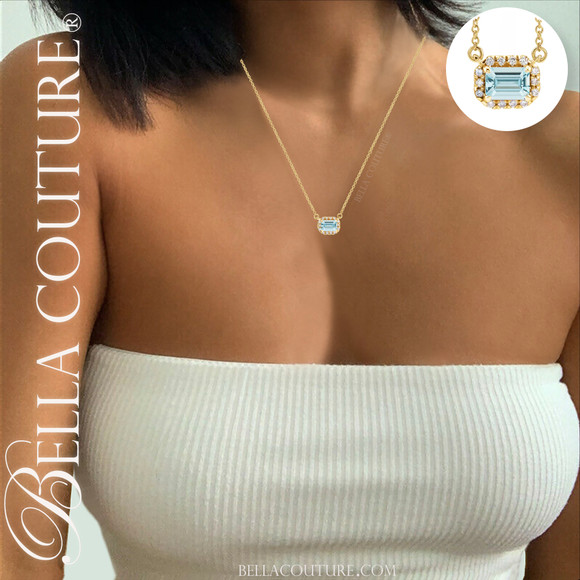 (NEW) BELLA COUTURE® BAYLIE 14K Yellow Gold Solitaire Baguette 7MM x 5 MM Aquamarine Link Chain Necklace (18")