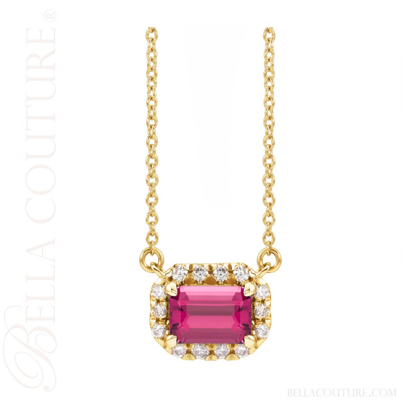 (NEW) BELLA COUTURE® BAYLIE 14K Yellow Gold Solitaire Baguette 7MM x 5MM Pink Tourmaline Link Chain Necklace (18")