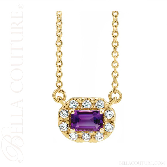 (NEW) BELLA COUTURE® BAYLIE Petite 14K Yellow Gold Solitaire Baguette 5 MM x 3 MM Amethyst Link Chain Necklace (18")