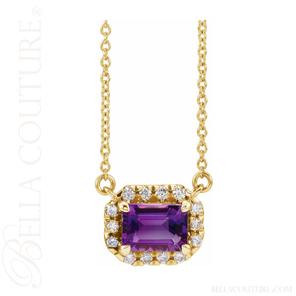 (NEW) BELLA COUTURE® BAYLIE 14K Yellow Gold Solitaire Baguette 7MM x 5MM Amethyst Link Chain Necklace (18")