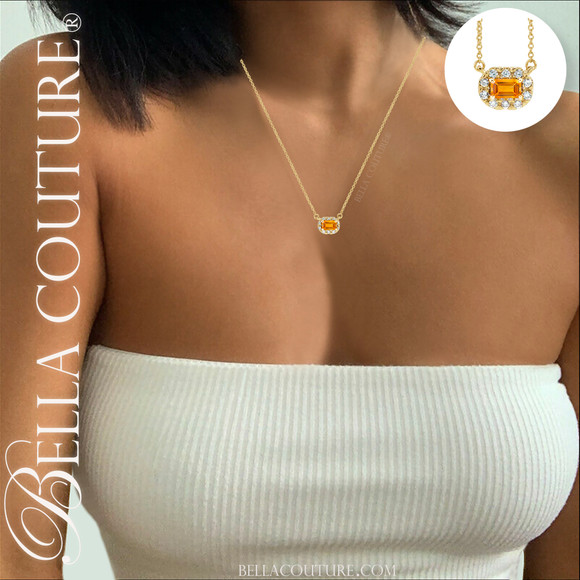 (NEW) BELLA COUTURE® BAYLIE 14K Yellow Gold Solitaire Baguette 7MM x 5MM Citrine Link Chain Necklace (18")