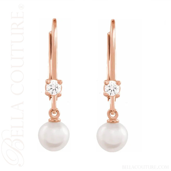 (NEW) BELLA COUTURE® MALISA AKOYA PEARL DIAMOND 14K ROSE GOLD DANGLE DROP LEVERBACK EARRINGS (1/5 CT. TW.)