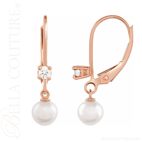 (NEW) BELLA COUTURE® MALISA AKOYA PEARL DIAMOND 14K ROSE GOLD DANGLE DROP LEVERBACK EARRINGS (1/5 CT. TW.)