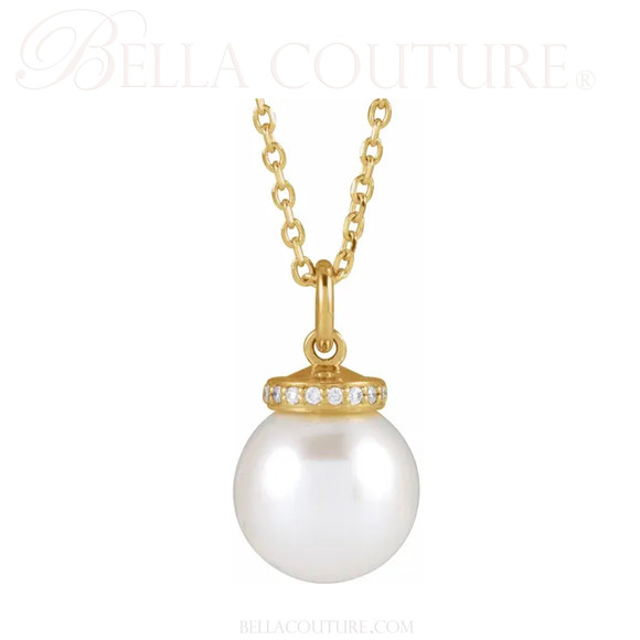 (NEW) BELLA COUTURE® BRILLIANT 14K Yellow Gold Solitaire Akoya Cultured Pearl Pendant Diamond Link Chain Necklace (16"-18")