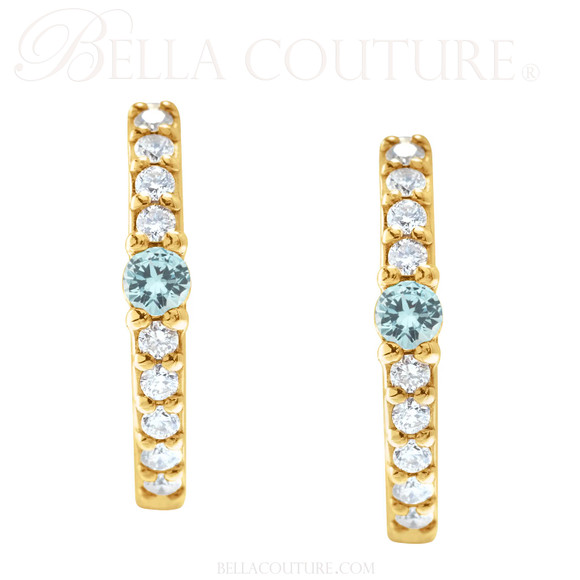 (NEW) BELLA COUTURE® ARIA AQUAMARINE DIAMOND 14K YELLOW GOLD DANGLE DROP HUGGIE HOOP EARRINGS (14MM HOOPS)