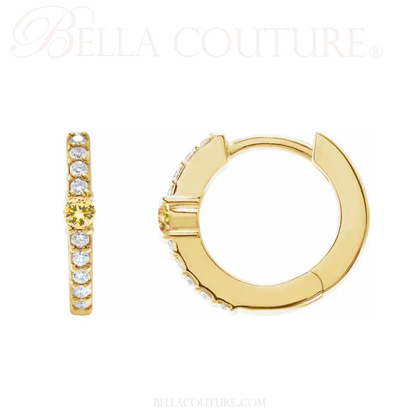 (NEW) BELLA COUTURE® ARIA CITRINE DIAMOND 14K YELLOW GOLD DANGLE DROP HUGGIE HOOP EARRINGS (14MM HOOPS)