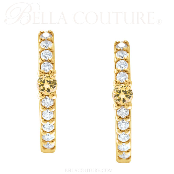 (NEW) BELLA COUTURE® ARIA CITRINE DIAMOND 14K YELLOW GOLD DANGLE DROP HUGGIE HOOP EARRINGS (14MM HOOPS)
