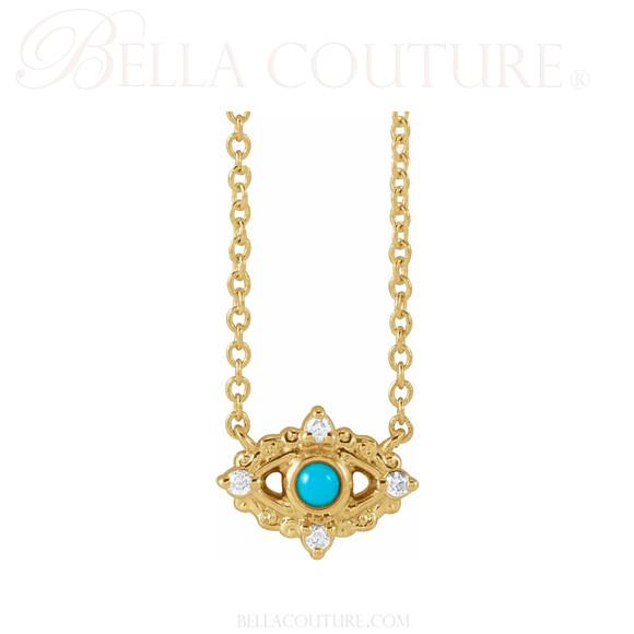(NEW) BELLA COUTURE® THE PROTECTOR Evil Eye Diamond Sleeping Beauty Turquoise  14K Yellow Gold Filigree Cable Chain Necklace (18")