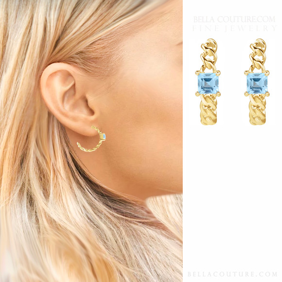 (NEW) BELLA COUTURE® MINA SKY BLUE TOPAZ 14K YELLOW GOLD OPEN CHAIN FILIGREE HOOP EARRINGS
