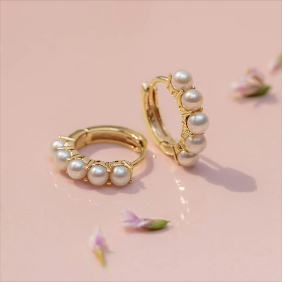 LIZBETT 14K Rose Gold 14MM Pearl Huggie Hoop Earrings By JANE BORDEAUX ® - PETITE PEARL COLLECTION
