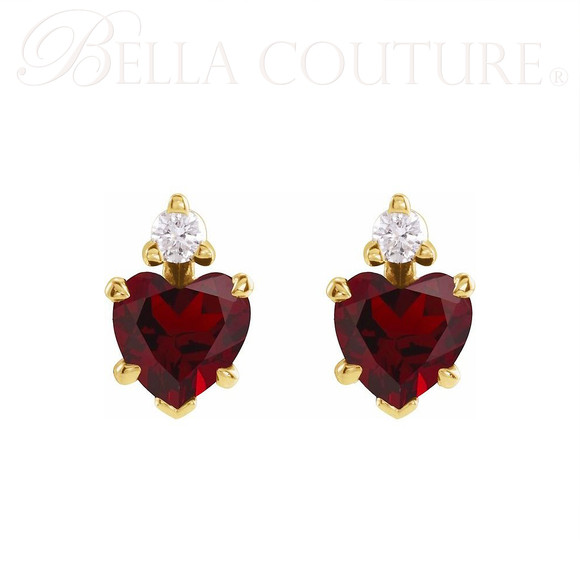 (NEW) BELLA COUTURE® SCARLET Diamond Garnet Heart Pendant 14K Yellow Gold Cable Chain Necklace (Adjustable 18"-16")