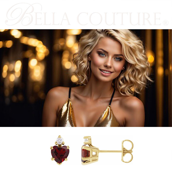 (NEW) BELLA COUTURE® SCARLET Diamond Garnet Heart Pendant 14K Yellow Gold Cable Chain Necklace (Adjustable 18"-16")