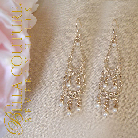 SOLD OUT! - (NEW) BELLA COUTURE® NEW NATURAL SEED PEARL VICTORIAN STYLE FILIGREE 14K YELLOW GOLD DANGLE DROP CHANDELIER EARRINGS