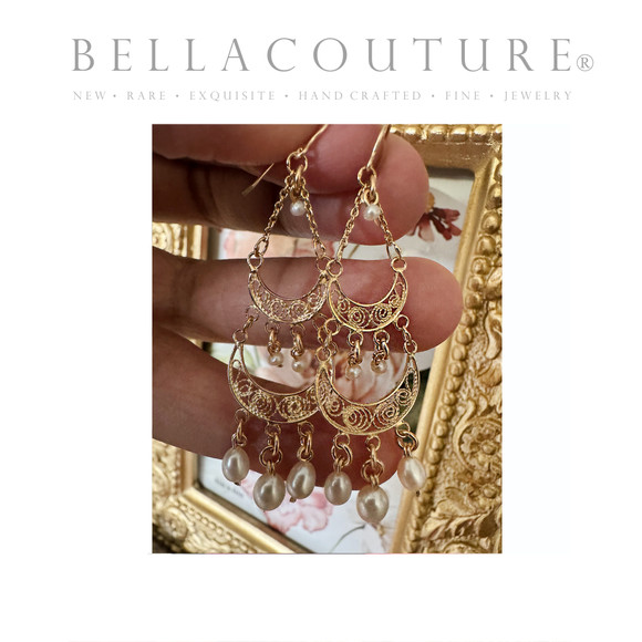SOLD OUT! - (NEW) BELLA COUTURE® NEW NATURAL SEED PEARL VICTORIAN STYLE FILIGREE 14K YELLOW GOLD DANGLE DROP CHANDELIER EARRINGS