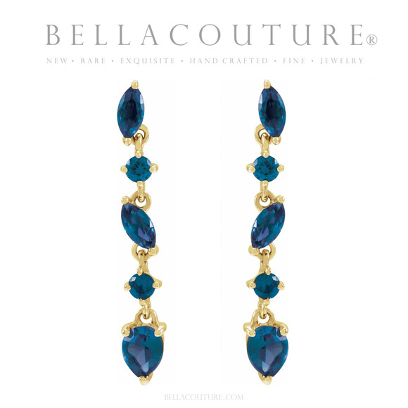 (NEW) BELLA COUTURE® ALISSANDRA NATURAL BLUE SAPPHIRE GEMSTONE 14K YELLOW GOLD DANGLE DROP POST EARRINGS
