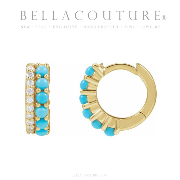 (NEW) BELLA COUTURE® ANNALISA DIAMOND NATURAL TURQUOISE GEMSTONE 14K YELLOW GOLD HUGGIE HOOP EARRINGS (12 MM)