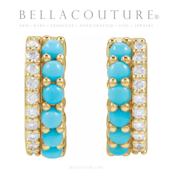 (NEW) BELLA COUTURE® ANNALISA DIAMOND NATURAL TURQUOISE GEMSTONE 14K YELLOW GOLD HUGGIE HOOP EARRINGS (12 MM)