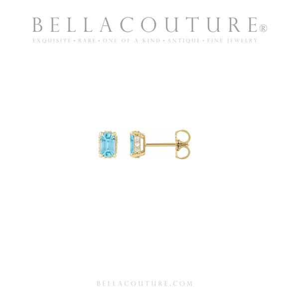 (NEW) BELLA COUTURE® ISABELLA NATURAL DIAMOND SKY BLUE TOPAZ 14K YELLOW GOLD POST EARRINGS (6.5MM x 4MM)