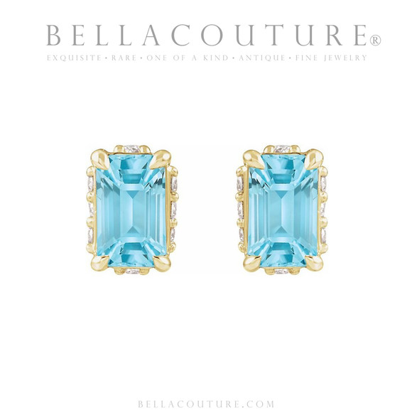 (NEW) BELLA COUTURE® ISABELLA NATURAL DIAMOND SKY BLUE TOPAZ 14K YELLOW GOLD POST EARRINGS (6.5MM x 4MM)