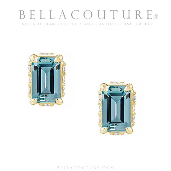 (NEW) BELLA COUTURE® ISABELLA NATURAL DIAMOND AQUAMARINE 14K YELLOW GOLD POST EARRINGS (6.5MM x 4MM)