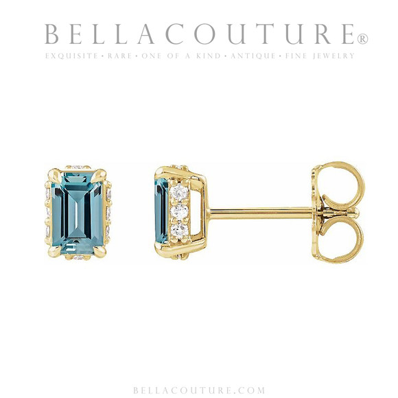 (NEW) BELLA COUTURE® ISABELLA NATURAL DIAMOND AQUAMARINE 14K YELLOW GOLD POST EARRINGS (6.5MM x 4MM)