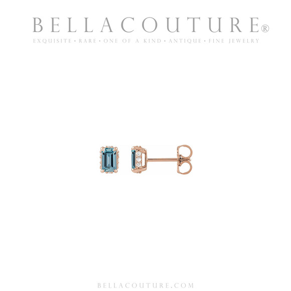 (NEW) BELLA COUTURE® ISABELLA NATURAL DIAMOND AQUAMARINE 14K ROSE GOLD POST EARRINGS (6.5MM x 4MM)