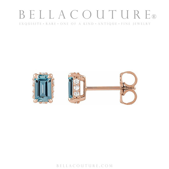(NEW) BELLA COUTURE® ISABELLA NATURAL DIAMOND AQUAMARINE 14K ROSE GOLD POST EARRINGS (6.5MM x 4MM)