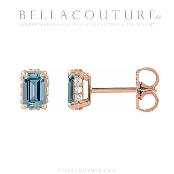 (NEW) BELLA COUTURE® ISABELLA NATURAL DIAMOND AQUAMARINE 14K ROSE GOLD POST EARRINGS (6.5MM x 4MM)
