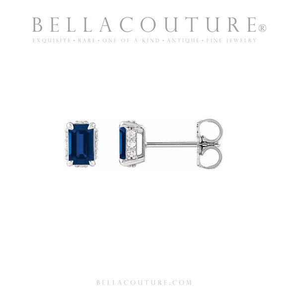 (NEW) BELLA COUTURE® ISABELLA NATURAL DIAMOND BLUE SAPPHIRE 14K WHITE GOLD POST EARRINGS (6.5MM x 4MM)